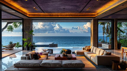 Fototapeta premium Natural purple shade living room of a house resort by ocean beach