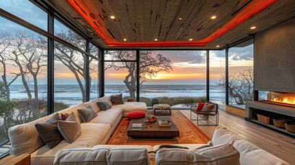 Natural red shade living room of a house resort by ocean beach