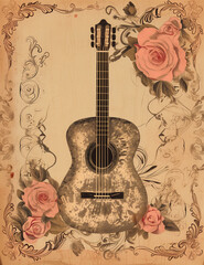 Classic Strings: Guitar Design for Music Book- Vintage Style  - Vertical composition, Copy space  - Adaptable Background Art  - Space for Text - guitar and rose