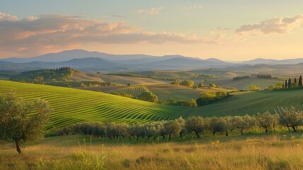 Beautiful landscape of Vineyards in European. Green field with rows of vines.