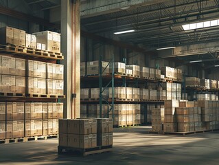 Warehouse filled with stacked pallets, boxes labeled for shipping, high detail