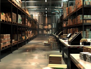 Obraz premium Warehouse with barcode scanners and organized shelves, detailed render