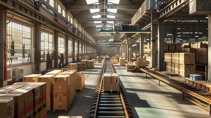 Naklejka premium Warehouse with conveyor belts and packed boxes, capturing the storage system