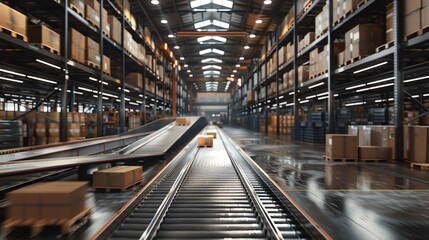 Obraz premium Warehouse with conveyor belts and packed shelves, capturing dynamic action