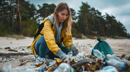 diligent volunteer collecting scattered trash and plastic debris along sandy beach, environmental cleanup and ocean conservation awareness campaigns