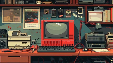 Low-res pixel art of futuristic technology, featuring retro computer interfaces and digital devices