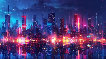 Obraz premium Pixelated landscape of a tech-filled city, with vibrant neon lights and simplified geometric shapes