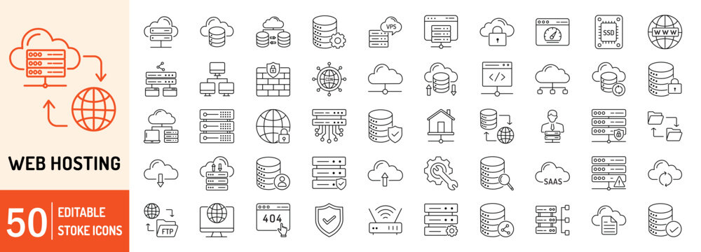 Web Hosting editable stroke outline web icons set. Web hosting, server, CDN, VPN, domain, FTP, internet, backup, SSL, database and firewall. Vector illustration