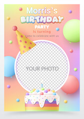 3D Happy birthday invitation greeting card vector template with rainbow cake, cute balloon, photo frame on colorful background for baby and kid invite greeting card fun party, social media, post.