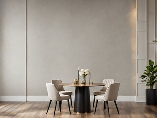 Dining room in light ivory colors. Beige and taupe with black details. Golden accent table. Minimalistic room with texture plaster microcement walls. Menu template or mockup invitation. 3d rendering  