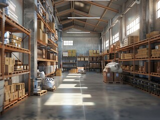 Warehouse with labeled aisles and inventory, detailed and lifelike
