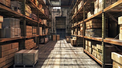 Warehouse with labeled aisles and shelves, high detail