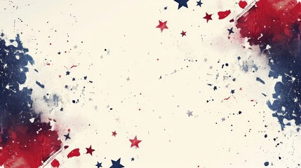 Abstract watercolor background with red and blue splashes stars and white space. Perfect for patriotic, festive or creative design projects.