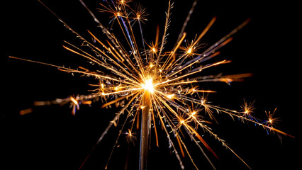 Fototapeta premium Dazzling fire sparkler light on a black background, fireworks sparks. Generative AI.