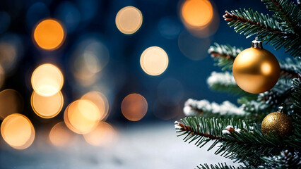 Obraz premium Christmas trees and fir branches with golden bokeh lights on background made from garland. Generative AI.