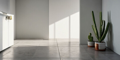 A modern, minimalist pantry with a concrete floor, a white, tiled wall, and a single, potted cactus.