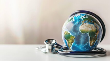 Concept image of stethoscope wrapped around globe on soft background as copy space