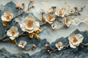 panel wall art, wall decoration, marble background with flowers designs