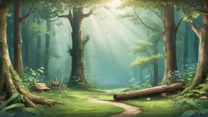 Fantasy fairy forest illustration background. Relaxing forest background for scrapbook paper pages. Generative AI.