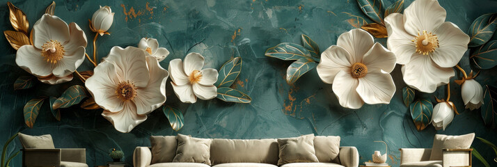 panel wall art, wall decoration, marble background with flowers designs
