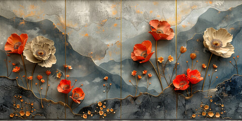 panel wall art, wall decoration, marble background with flowers designs