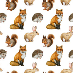 Obraz premium Cute forest animals seamless pattern. Hand drawn watercolor illustration. Vintage style fox, hedgehog, bunny, rabbit, squirrel seamless pattern. Hand painted forest animals on white background