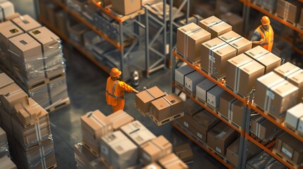 Warehouse workers packing and labeling boxes, realistic textures