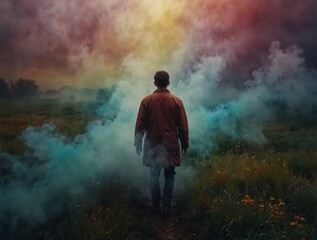 Finding the Path - Man Walking into Colorful Smoke. Generative AI