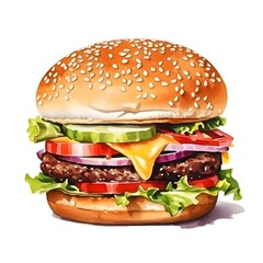 Appetizing Hamburger with Vibrant Layered Ingredients on White Background