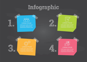 4 steps infographic for business vector design concept of colorful stick note paper with sticker tape 4 options with empty space for your title and text on black chalkboard.