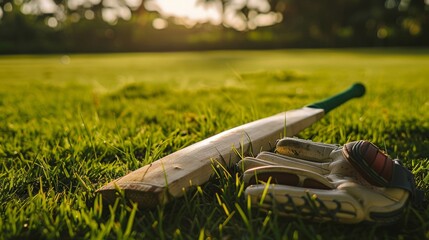 A set of cricket gear comprising a bat, ball, and gloves lies on lush green grass, with the cricket field faintly visible in the background, capturing the essence of the sport