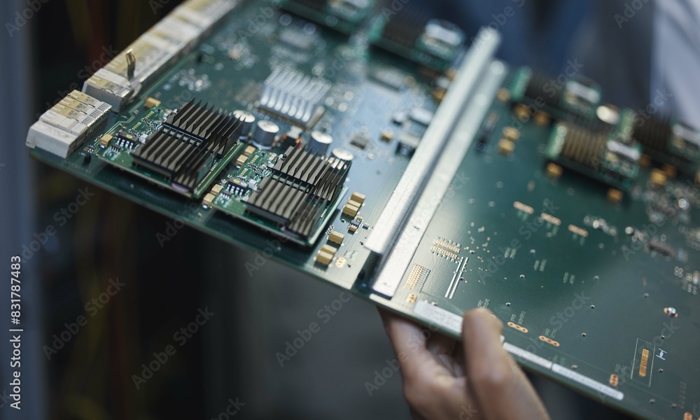 Poster Network engineer, motherboard and server room for internet infrastructure and lights of computer. Hands, IT support and cybersecurity with neon, software and company information for cloud computing