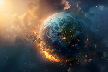 An illustration of the Earth partially engulfed in flames, set against a space background with a distant sun, symbolizing environmental crisis