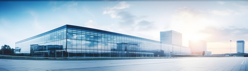 Sleek Glass Curtain Wall at Prominent Business Center in Panoramic Perspective