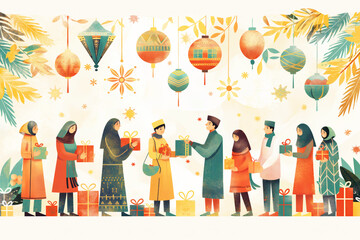 A festive scene of people exchanging gifts during Eid, surrounded by colorful decorations and a joyful atmosphere.
