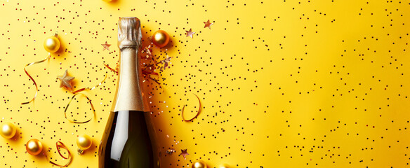 A champagne bottle with festive decorations, including ribbons and ornaments, set against a bright yellow background.