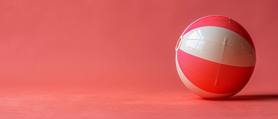Naklejka premium Beach ball on light coral background, studio lighting, minimalist photo, summer concept and space for text