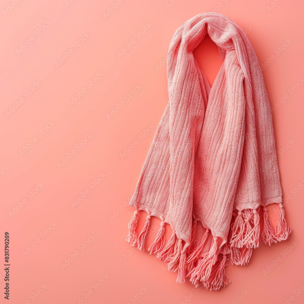 Poster a coral background showcases a beach towel with ample space for text, embodying summer vibes in a mi
