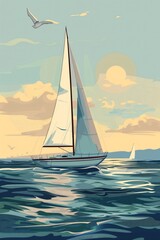 Fototapeta premium Sailboat on Calm Sea at Sunset