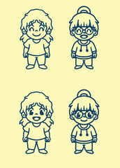 set of cartoon child lineart kid boy and girl for school