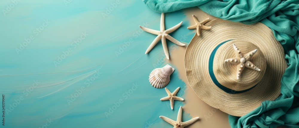 Poster an ivory background showcases a studio-lit beach towel with minimalist summer vibes and ample space 