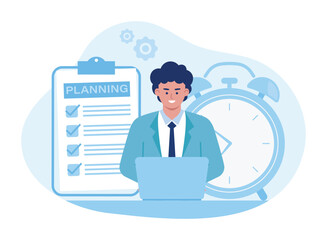men work with planning and time in place concept  flat illustration