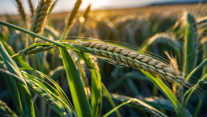 Wheat field against bright blue sky under sunlight, close-up view of golden wheat in a rural field, field of barley, wallpaper. Generative AI.