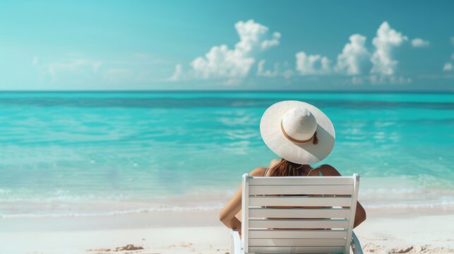 A woman, wearing a sunhat, is seen enjoying a relaxing time on a lounge chair at a tropical beach with clear blue water under a sunny sky, offering a serene and tranquil vacation spot