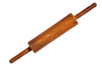 Old wooden rolling pin isolated on white background. Brown homemade rolling pin close-up.