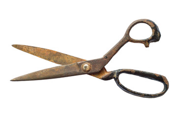 Old rusty scissors isolated on white background. Iron scissors close-up.