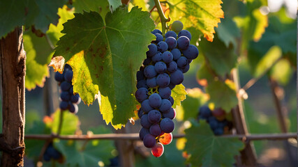 Naklejka premium Black grapes ready for harvesting, grape vines ready for picking, vineyard in the autumn sun. Generative AI.