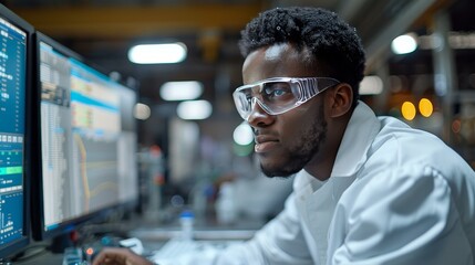 Cutting-edge technology factory with scientists in protective gear conducting research on computer screen.