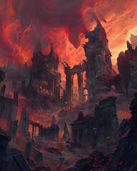 Desolate Apocalypse A Monstrous Landscape Shrouded in a Crimson Sky