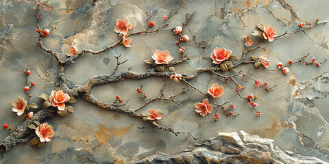 panel wall art, wall decoration, marble background with flowers designs